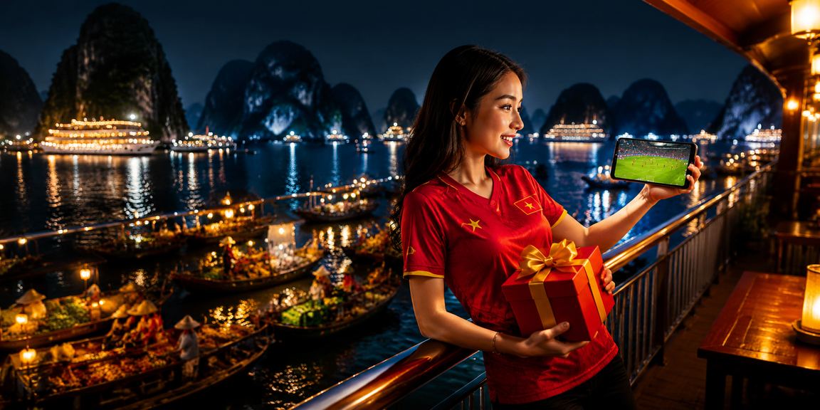 Người dùng Việt Nam theo dõi cá cược bóng đá trực tuyến với phong cảnh vịnh Hạ Long