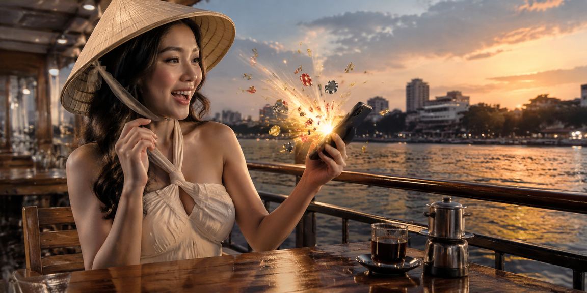 Người dùng Hà Nội sử dụng điện thoại đặt cược trực tuyến với nón lá truyền thống